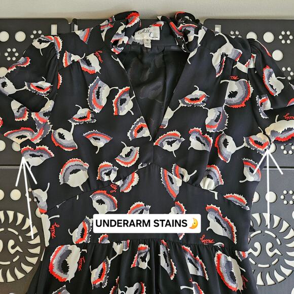 Milly Women's Poppy Floral Print Silk Black Red Dress | FLAWS | 8 - Picture 8 of 16